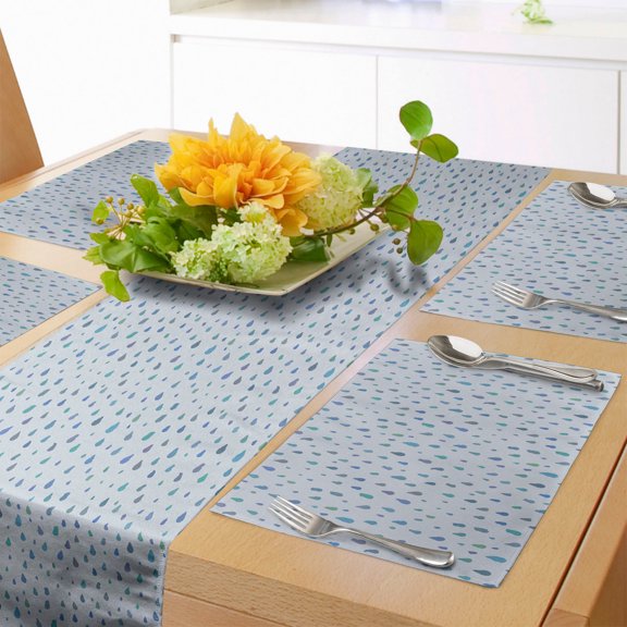Ambesonne Rain Table Runner & Placemats, Rough Edged Aqua Droplets, Placemat 4 pcs + Runner 12"x90", Petrol Blue Cobalt Blue