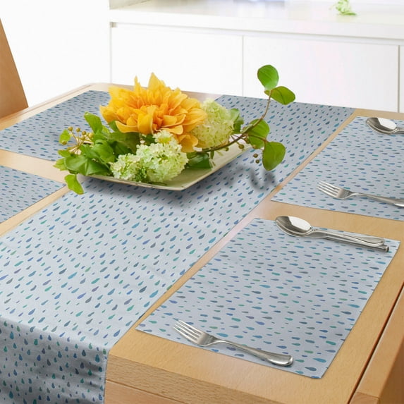 Ambesonne Rain Table Runner & Placemats, Rough Edged Aqua Droplets, Placemat 4 pcs + Runner 14"x90", Petrol Blue Cobalt Blue
