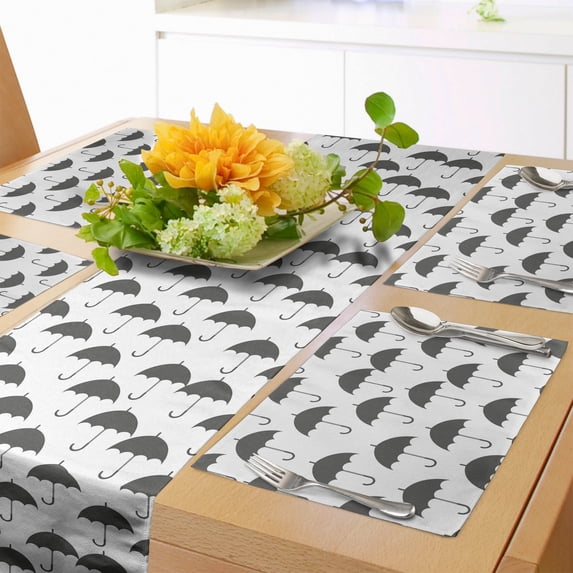 Ambesonne Rain Table Runner & Placemats, Umbrella Greyscale Pattern, Placemat 4 pcs + Runner 12"x90", Grey and White