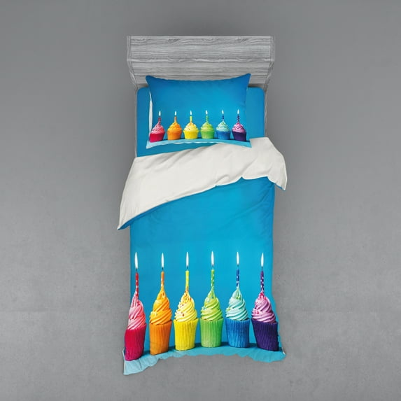 Ambesonne Rainbow Bedding Set 3 Pcs, Cupcakes Party Food, Twin XL, Multicolor