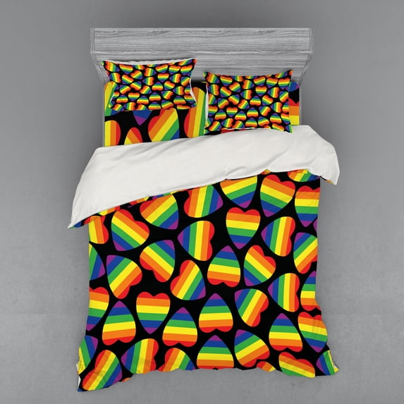 Ambesonne Rainbow Bedding Set 4 Pcs, Hearts Gay Pride Flag, Queen, Multicolor
