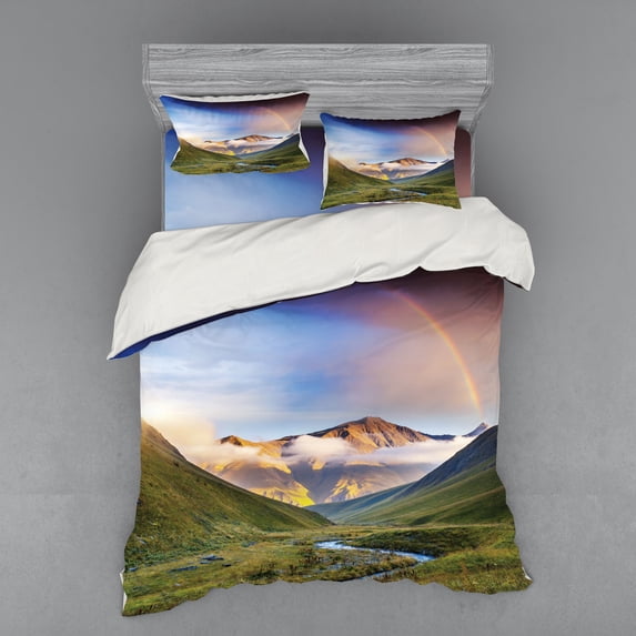 Ambesonne Rainbow Bedding Set 4 Pcs, Meadow Riverbed Mist, Queen, Multicolor
