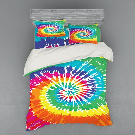Ambesonne Rainbow Bedding Set 4 Pcs, Rainbow Tie Dye Effect, Queen, Multicolor