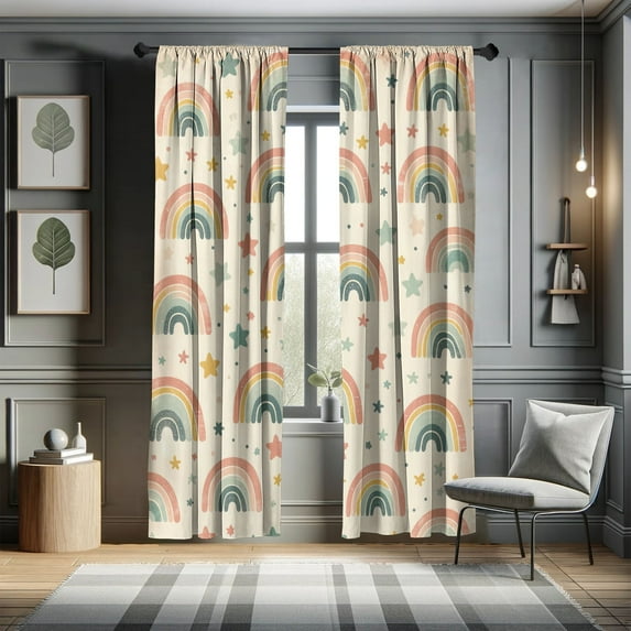 Ambesonne Rainbow Curtains, Starry Iris Pattern Pastel, Pair of 28"x95", Pale Mustard Salmon Teal