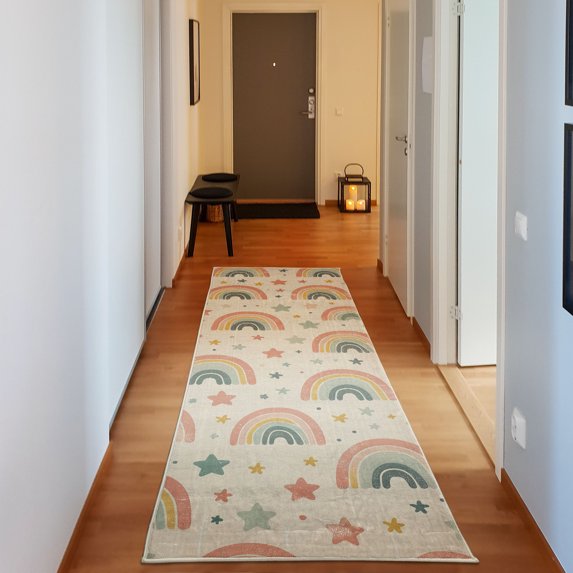 Ambesonne Rainbow Decorative Rug Carpet, Starry Iris Pattern Pastel, 2' 5" x 7' 5", Pale Mustard Salmon Teal