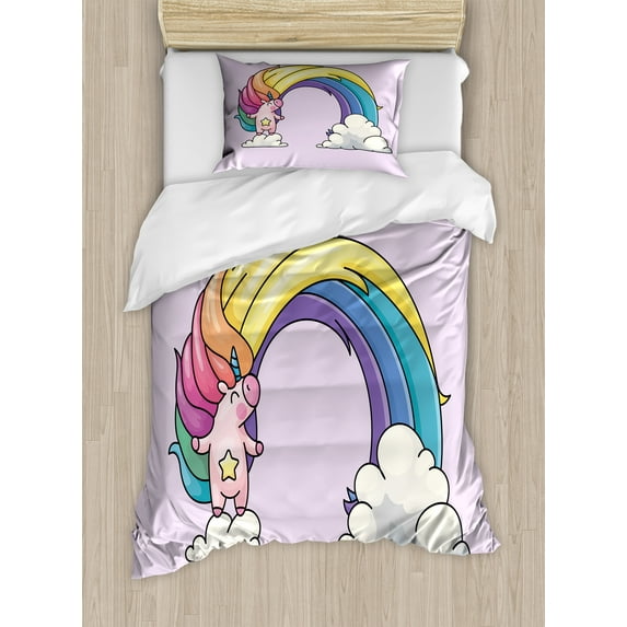 Ambesonne Rainbow Duvet Cover Sets, Funny Unicorn Colorful Mane, 2-Twin, Pale Yellow Peach
