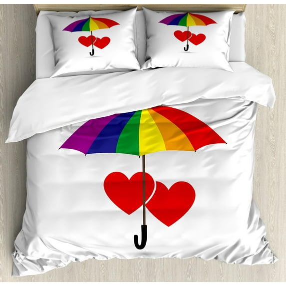Ambesonne Rainbow Duvet Cover Sets, Hearts Umbrella Love, 2-Queen, Multicolor