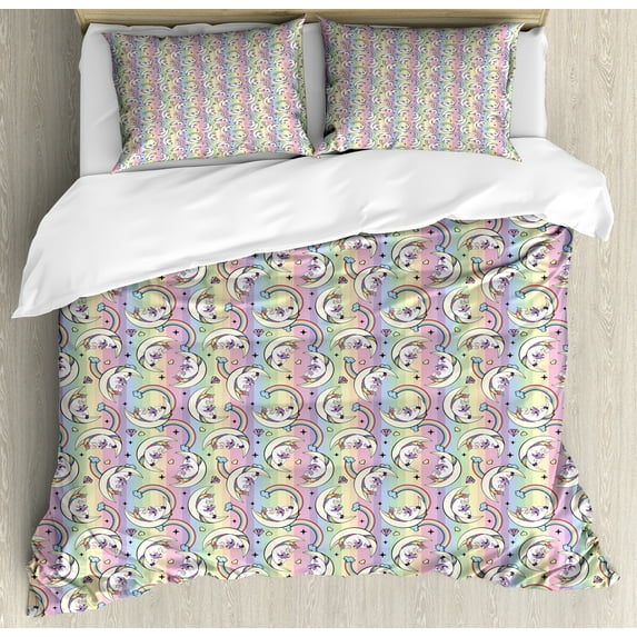 Ambesonne Rainbow Duvet Cover Sets, Multicolor Bookworm Unicorn, 2-Queen, Multicolor