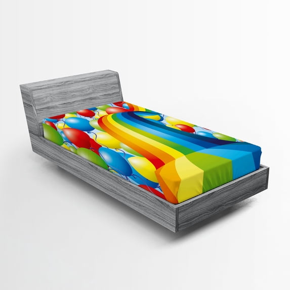Ambesonne Rainbow Fitted Sheet, Balloons Ribbons Wavy, Twin XL Size, Multicolor