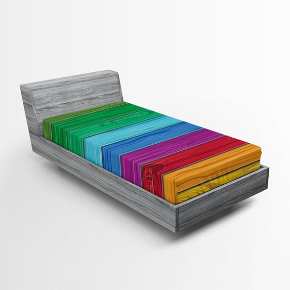 Ambesonne Rainbow Fitted Sheet, Colorful Wood Stripes, Twin Size, Multicolor