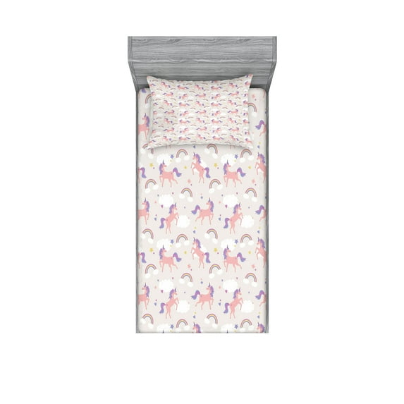 Ambesonne Rainbow Fitted Sheet & Pillow Sham Set, Dreamy Unicorn Stars Clouds, Twin, Pale Salmon Multicolor