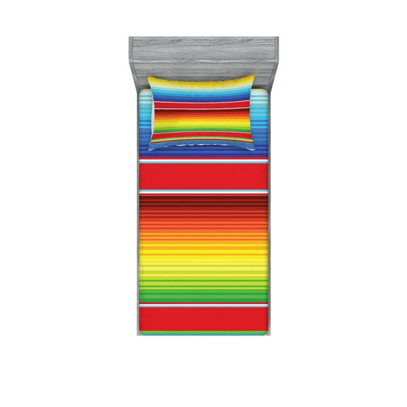 Ambesonne Rainbow Fitted Sheet & Pillow Sham Set, Mexican Pattern, Twin, Multicolor