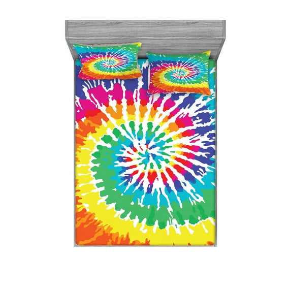 Ambesonne Rainbow Fitted Sheet & Pillow Sham Set, Rainbow Tie Dye Effect, Queen, Multicolor