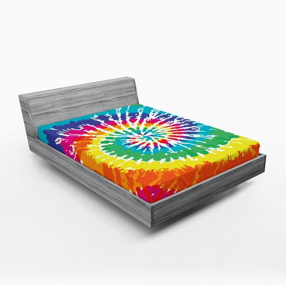 Ambesonne Rainbow Fitted Sheet, Rainbow Tie Dye Effect, Full Size, Multicolor