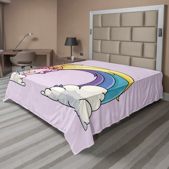 Ambesonne Rainbow Flat Sheet, Funny Unicorn Colorful Mane, King Size, Pale Yellow Peach