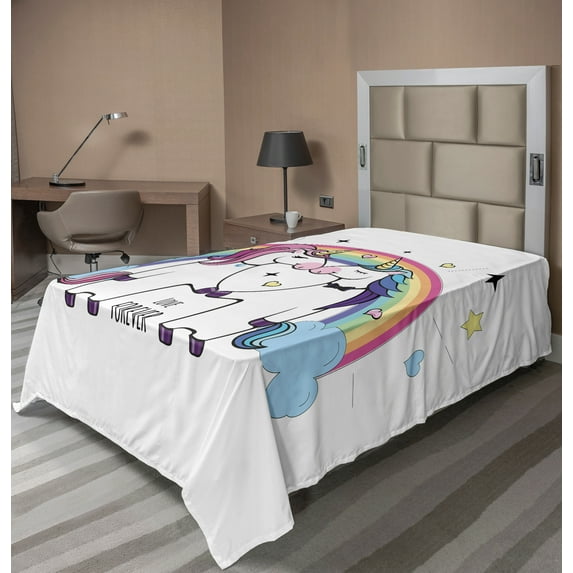 Ambesonne Rainbow Flat Sheet, Unicorn Couple, Twin Size, Multicolor