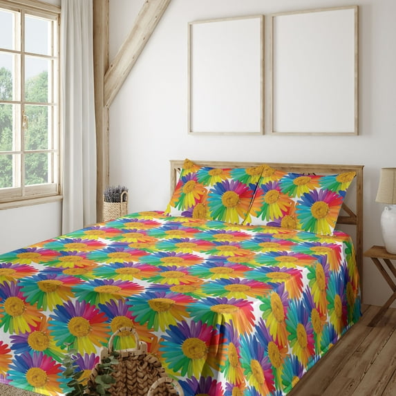 Ambesonne Rainbow Flowers Fitted & Flat Sheet with Shams 4 Pcs Set, Colorful Gerbera, Calking, Earth Yellow and Multicolor