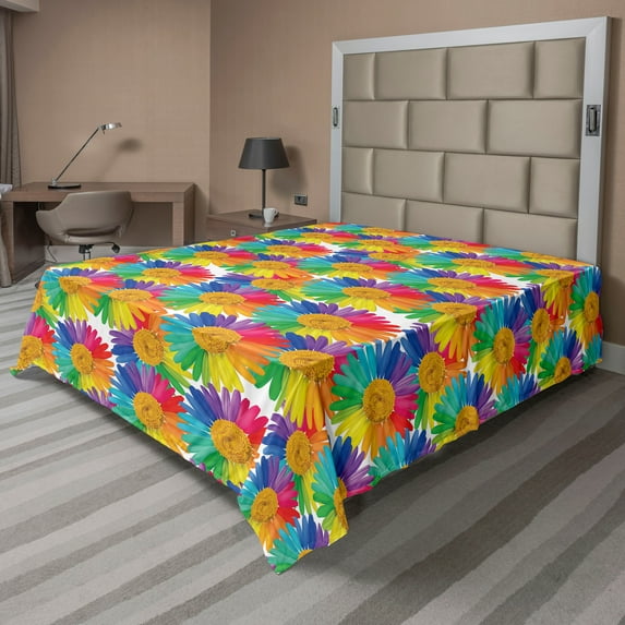 Ambesonne Rainbow Flowers Flat Bedding Sheet Soft Top Sheet, Colorful Gerbera, California King, Earth Yellow and Multicolor