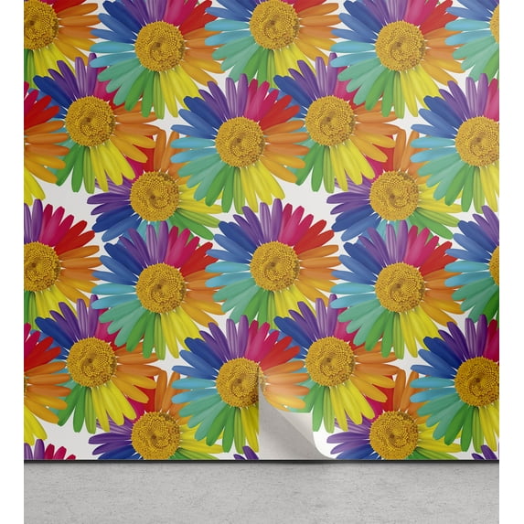 Ambesonne Rainbow Flowers Peel & Stick Wallpaper for Home, Colorful Gerbera, 13"x100", Earth Yellow and Multicolor