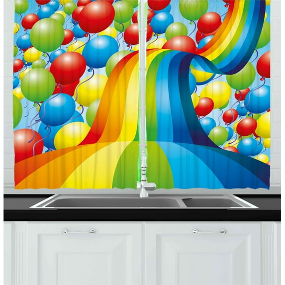 Ambesonne Rainbow Kitchen Curtains, Balloons Ribbons Wavy, 55"x39", Multicolor
