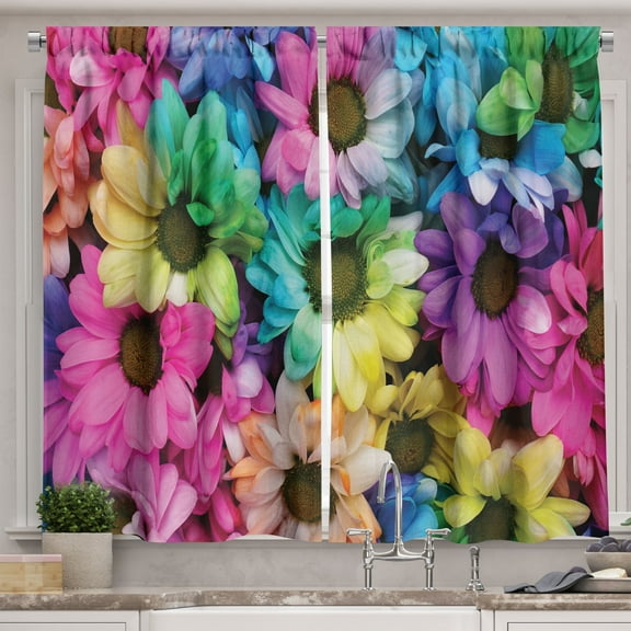 Ambesonne Rainbow Kitchen Curtains, Colorful Daisies Top View, 55"x30", Pale Fuchsia Lime Green