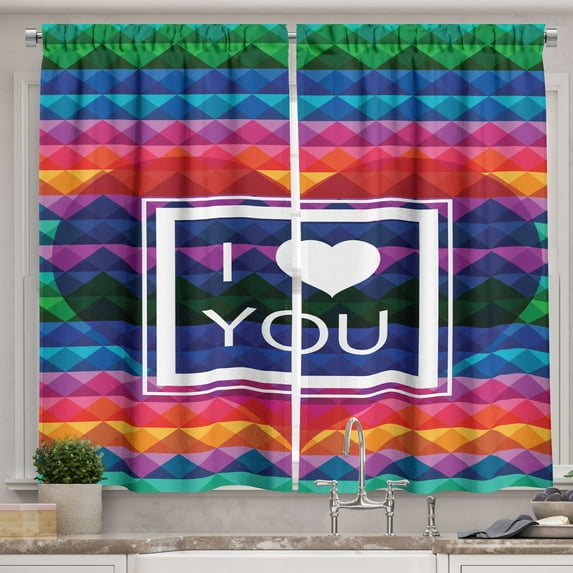 Ambesonne Rainbow Kitchen Curtains, I Love You Frame Heart, 55"x39", Multicolor