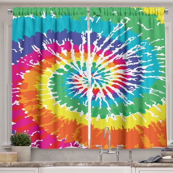 Ambesonne Rainbow Kitchen Curtains, Rainbow Tie Dye Effect, 55"x39", Multicolor
