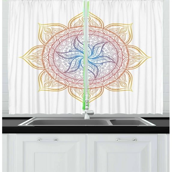 Ambesonne Rainbow Mandala Kitchen Curtains, Ombre Effect Lotus, 55"x39", Multicolor
