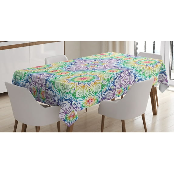 Ambesonne Rainbow Mandala Tablecloth Rectangular Table Cover, Colorful Stripe, 60"x90", Multicolor