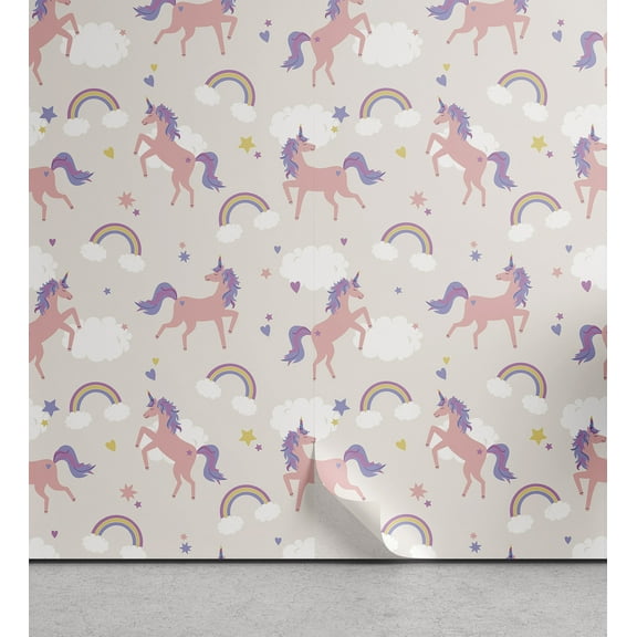 Ambesonne Rainbow Peel & Stick Wallpaper for Home, Dreamy Unicorn Stars Clouds, 13"x36", Pale Salmon Multicolor