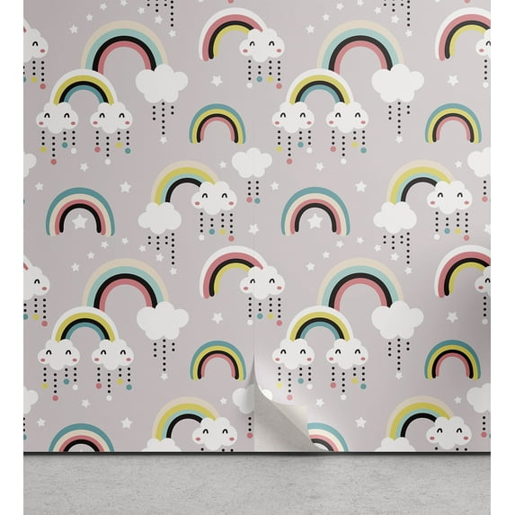 Ambesonne Rainbow Peel & Stick Wallpaper for Home, Surreal Clouds Rainbow Star, 13"x100", Multicolor
