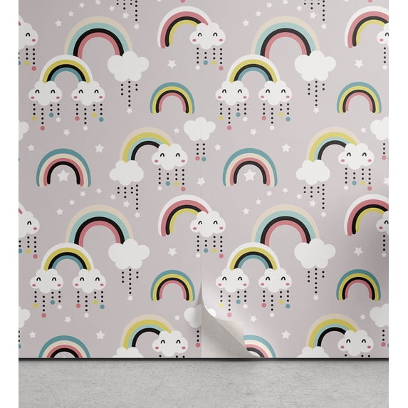 Ambesonne Rainbow Peel & Stick Wallpaper for Home, Surreal Clouds Rainbow Star, 13"x36", Multicolor