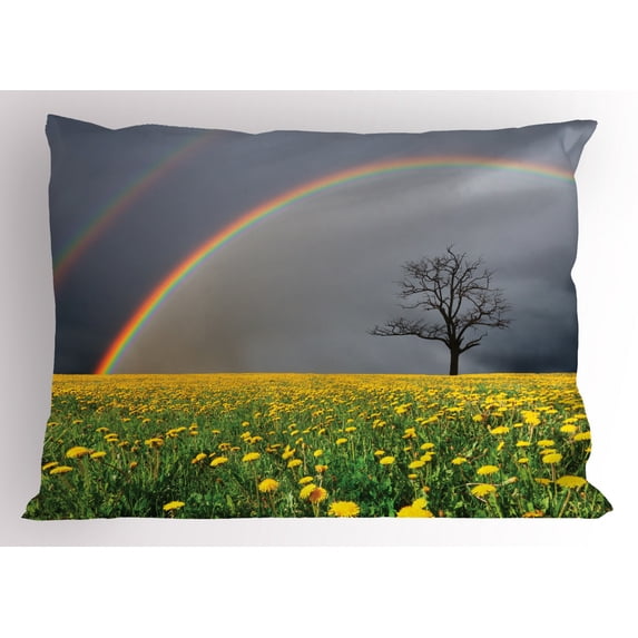 Ambesonne Rainbow Pillow Sham, Dandelion Field and Tree, 36" X 20", Multicolor