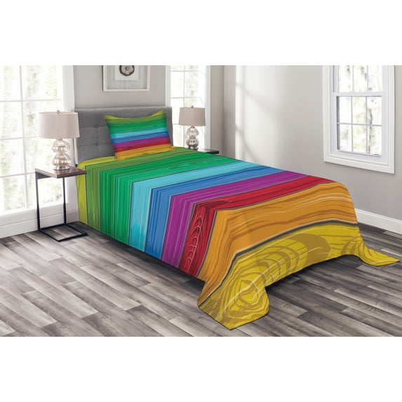 Ambesonne Rainbow Quilted Bedspread Set 2 Pcs, Colorful Wood Stripes, Twin Size, Multicolor
