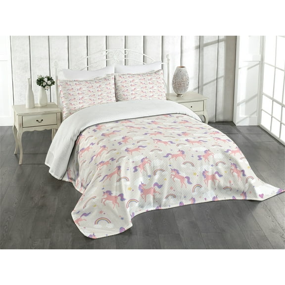 Ambesonne Rainbow Quilted Bedspread Set 2 Pcs, Dreamy Unicorn Stars Clouds, Twin Size, Pale Salmon Multicolor