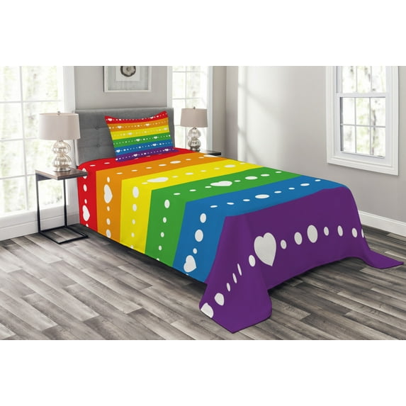 Ambesonne Rainbow Quilted Bedspread Set 2 Pcs, Gay Pride Flag Dots, Twin Size, Multicolor