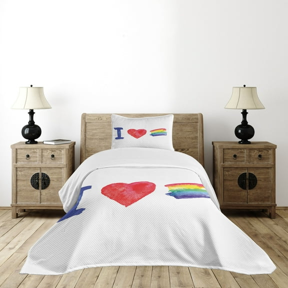 Ambesonne Rainbow Quilted Bedspread Set 2 Pcs, I Heart Pride Art, Twin Size, Multicolor