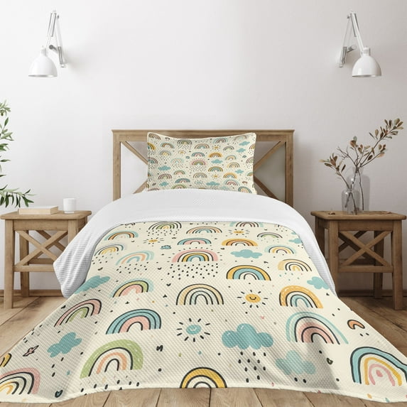 Ambesonne Rainbow Quilted Bedspread Set 2 Pcs, Pastel Art Scandinavian, Twin Size, Ivory Orange and Pale Blue