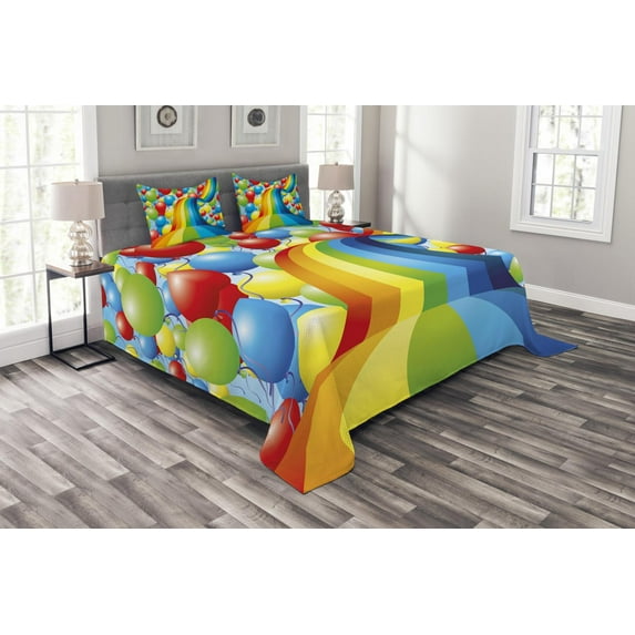 Ambesonne Rainbow Quilted Bedspread Set 3 Pcs, Balloons Ribbons Wavy, Queen Size, Multicolor