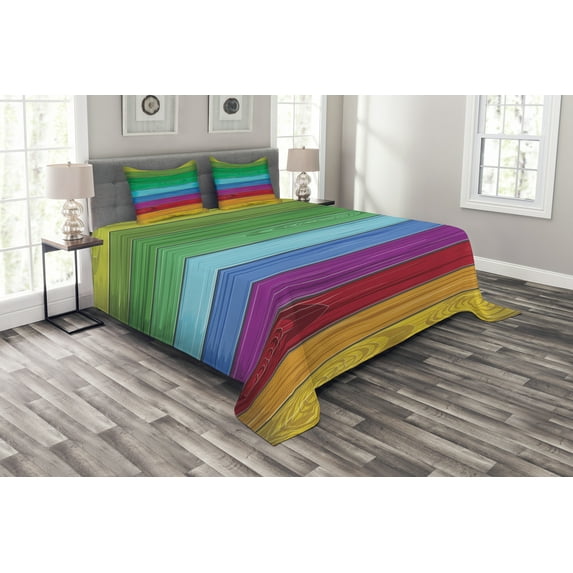 Ambesonne Rainbow Quilted Bedspread Set 3 Pcs, Colorful Wood Stripes, Queen Size, Multicolor