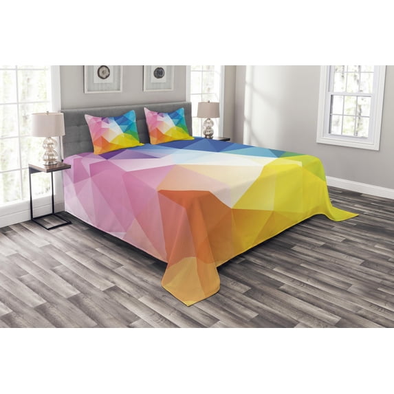 Ambesonne Rainbow Quilted Bedspread Set 3 Pcs, Fractal Colored Lines, Queen Size, Multicolor