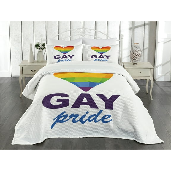 Ambesonne Rainbow Quilted Bedspread Set 3 Pcs, Gay Culture Heart, Queen Size, Multicolor