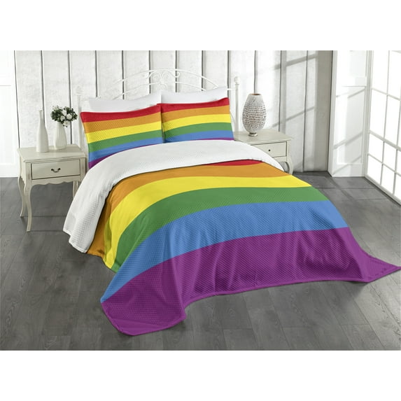 Ambesonne Rainbow Quilted Bedspread Set 3 Pcs, Gay Parade Flag Freedom, King Size, Multicolor
