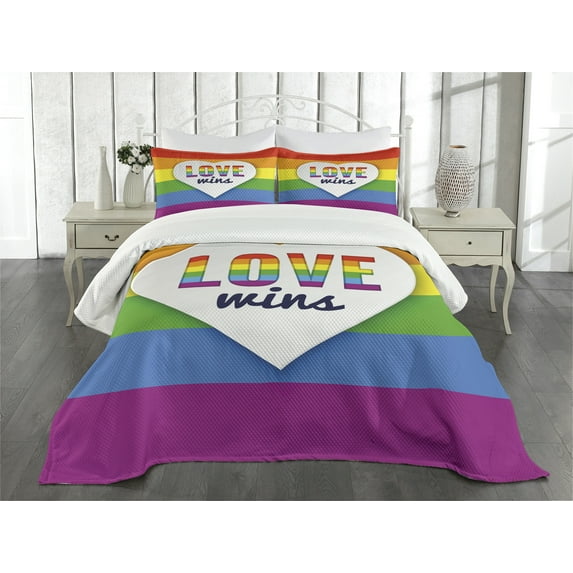 Ambesonne Rainbow Quilted Bedspread Set 3 Pcs, LGBT Pride Love Wins, Queen Size, Multicolor
