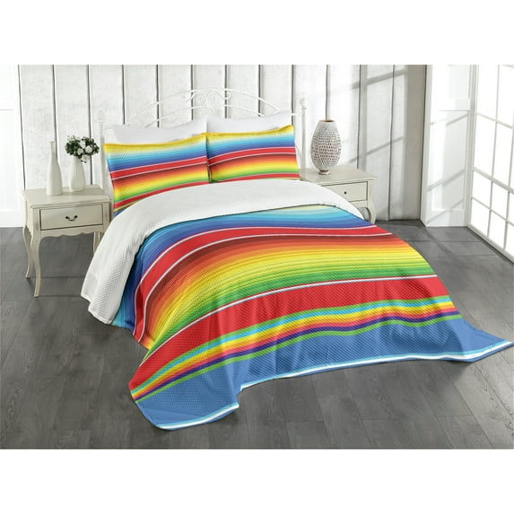 Ambesonne Rainbow Quilted Bedspread Set 3 Pcs, Mexican Pattern, King Size, Multicolor