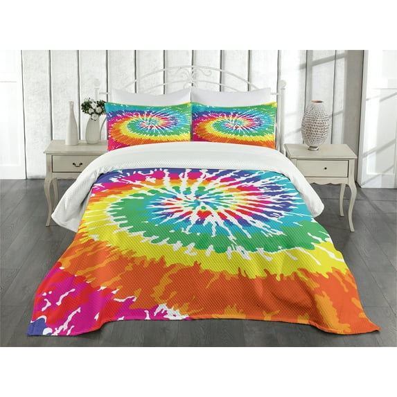 Ambesonne Rainbow Quilted Bedspread Set 3 Pcs, Rainbow Tie Dye Effect, King Size, Multicolor