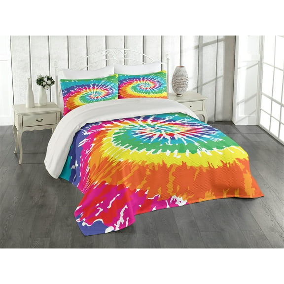 Ambesonne Rainbow Quilted Coverlet 3 Pcs, Rainbow Tie Dye Effect, King Size, Multicolor