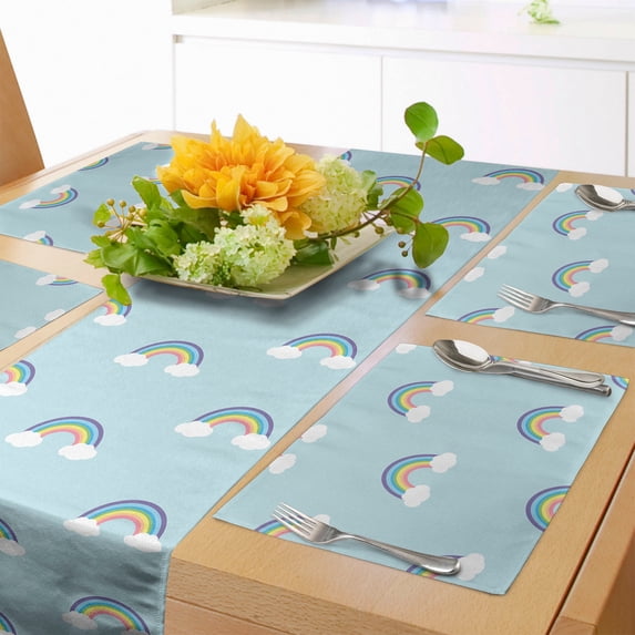 Ambesonne Rainbow Table Runner & Placemats, Simplistic Clouds, Placemat 4 pcs + Runner 14"x90", Pale Blue Blue Violet