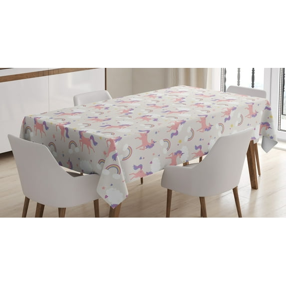 Ambesonne Rainbow Tablecloth Rectangular Table Cover, Dreamy Unicorn Stars Clouds, 52"x70", Pale Salmon Multicolor