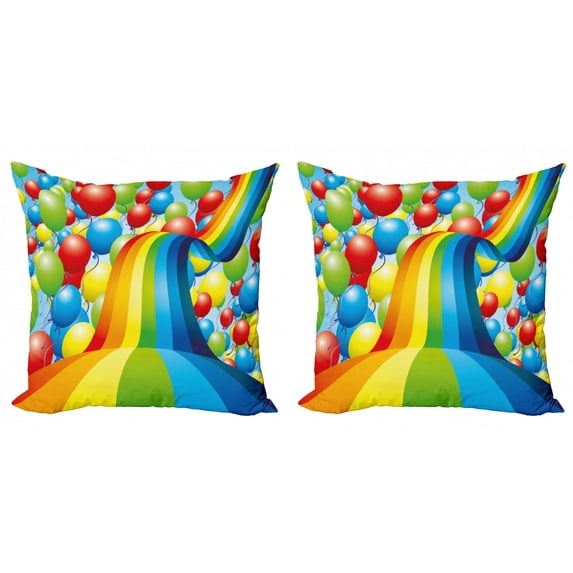 Ambesonne Rainbow Throw Pillow Cover 2 Pack, Balloons Ribbons Wavy, 18", Multicolor